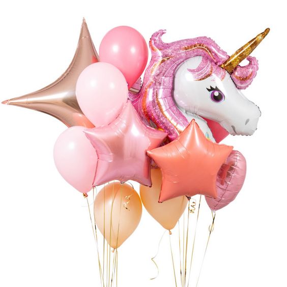 Bouquet of star and latex balloons, as well as a pink maned unicorn balloon